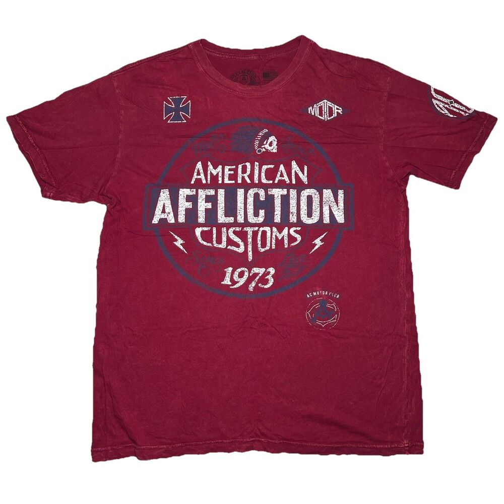 Affliction American Customs Racing AOP Logo Men T-Shirt Size XL Distressed
